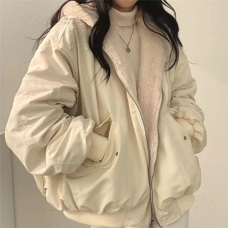 Womens's Oversize Fleece Lined Jacket Reversible Sherpa Winter Hoodie Zip Up Cozy Coat Tops with Pocket
