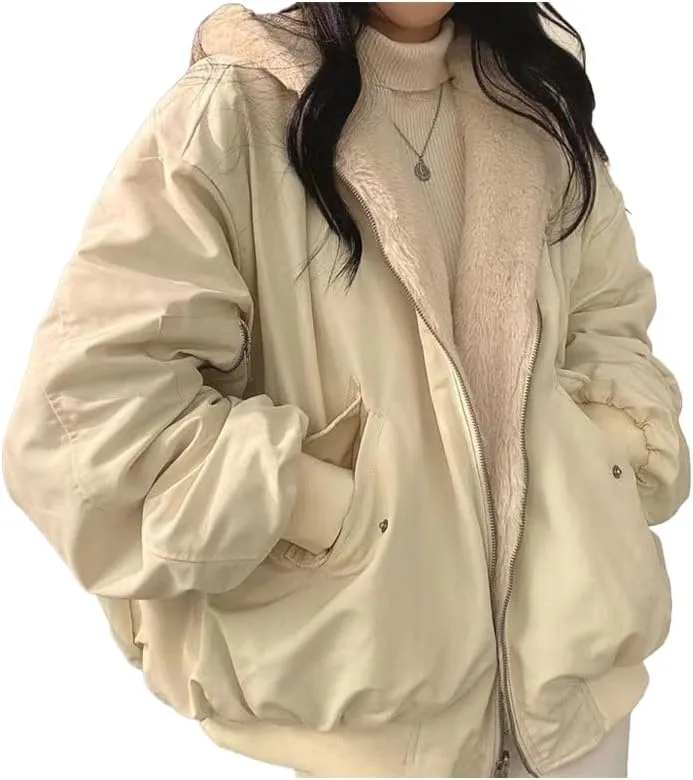Womens's Oversize Fleece Lined Jacket Reversible Sherpa Winter Hoodie Zip Up Cozy Coat Tops with Pocket