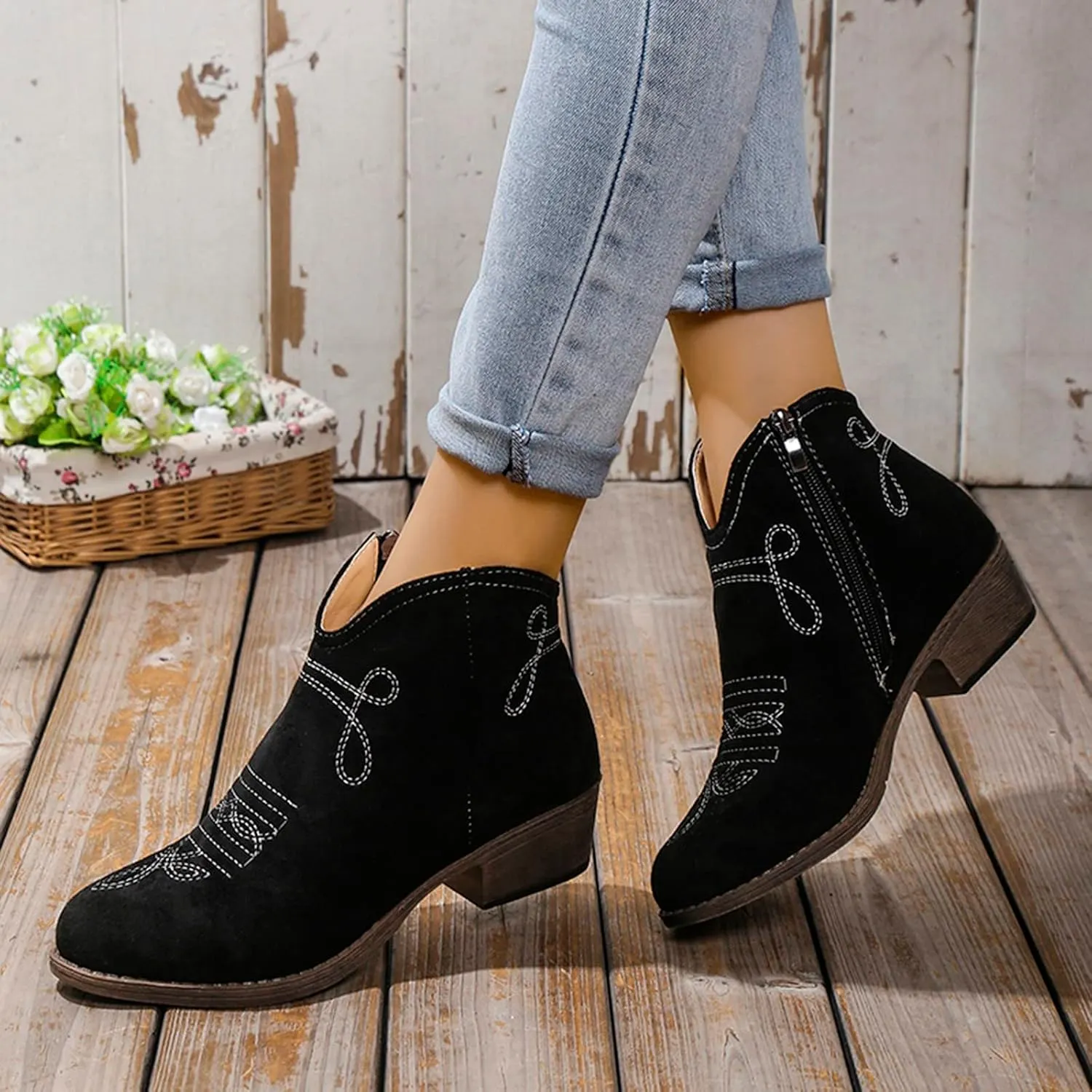 Work Boots for Women Ankle Black Flat Booties Boots Ankle Women Womens Work Boot Lightweight Breathable Slip on Pointed Toe Chunky Stacked Heel