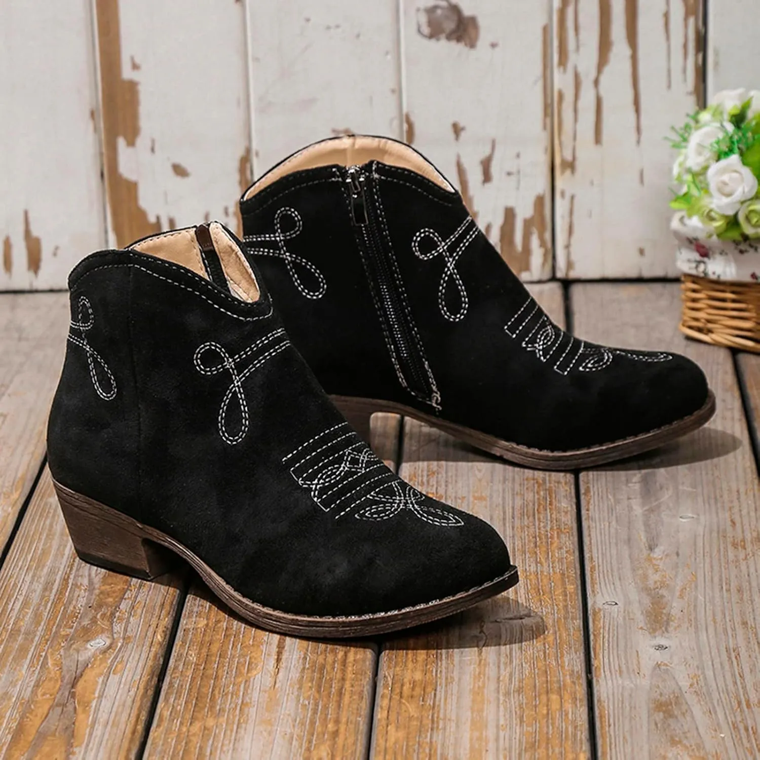 Work Boots for Women Ankle Black Flat Booties Boots Ankle Women Womens Work Boot Lightweight Breathable Slip on Pointed Toe Chunky Stacked Heel
