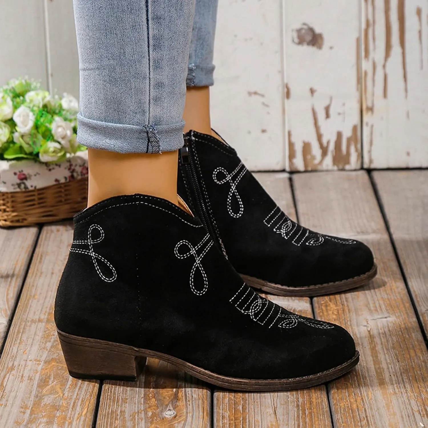Work Boots for Women Ankle Black Flat Booties Boots Ankle Women Womens Work Boot Lightweight Breathable Slip on Pointed Toe Chunky Stacked Heel
