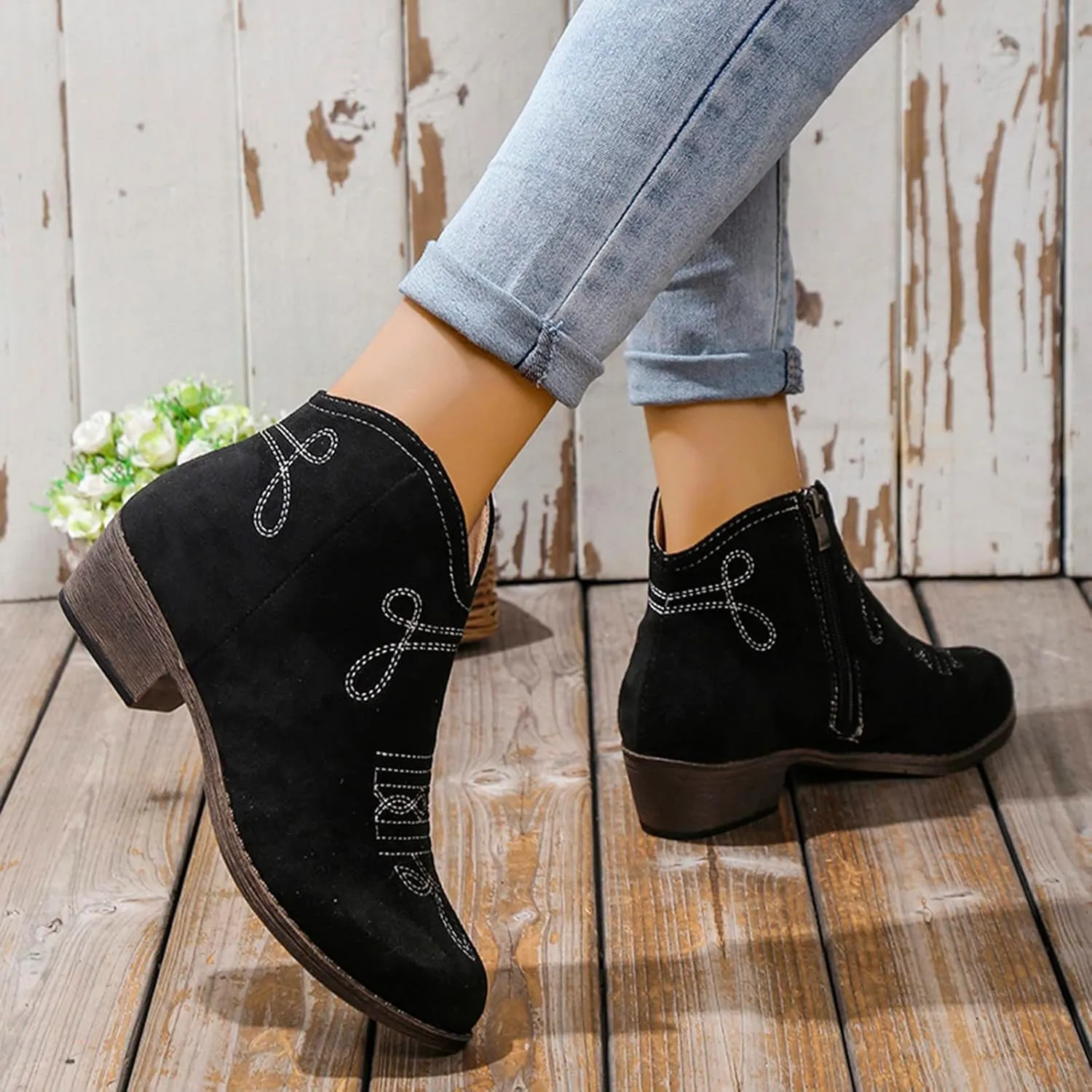 Work Boots for Women Ankle Black Flat Booties Boots Ankle Women Womens Work Boot Lightweight Breathable Slip on Pointed Toe Chunky Stacked Heel