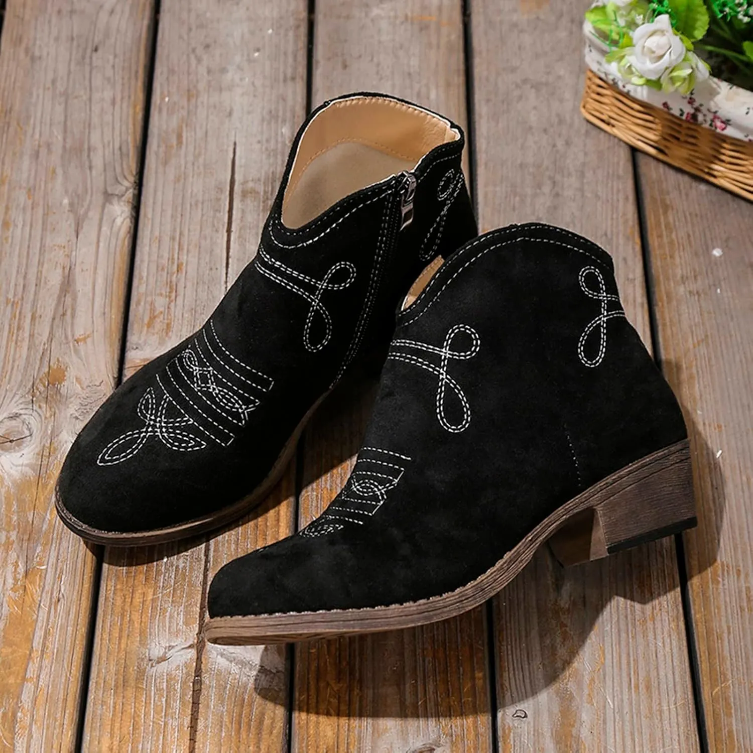 Work Boots for Women Ankle Black Flat Booties Boots Ankle Women Womens Work Boot Lightweight Breathable Slip on Pointed Toe Chunky Stacked Heel