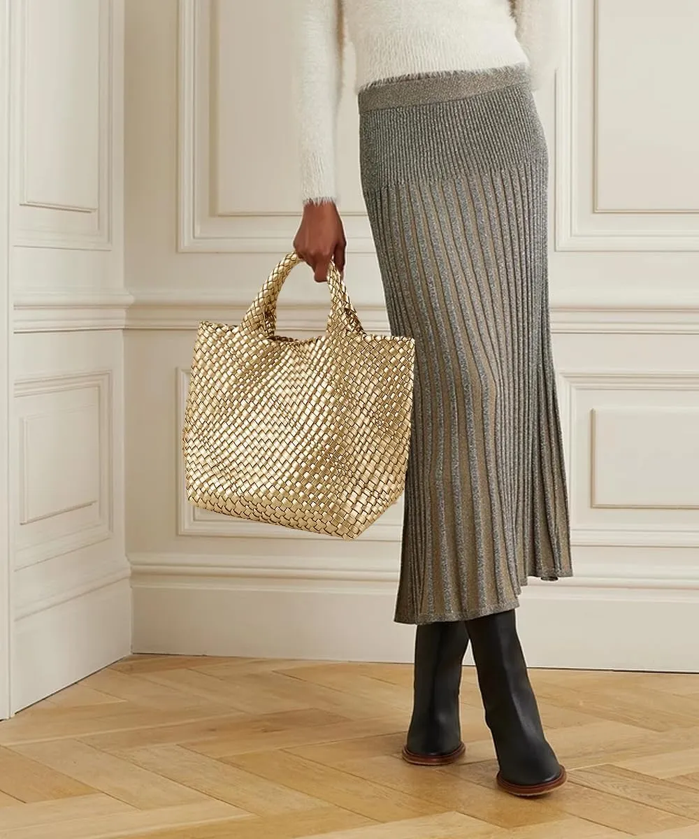 Woven Vegan Leather Handmade Tote for Women - Summer Beach Travel Hand Bag, Purse, Satchel Handbag