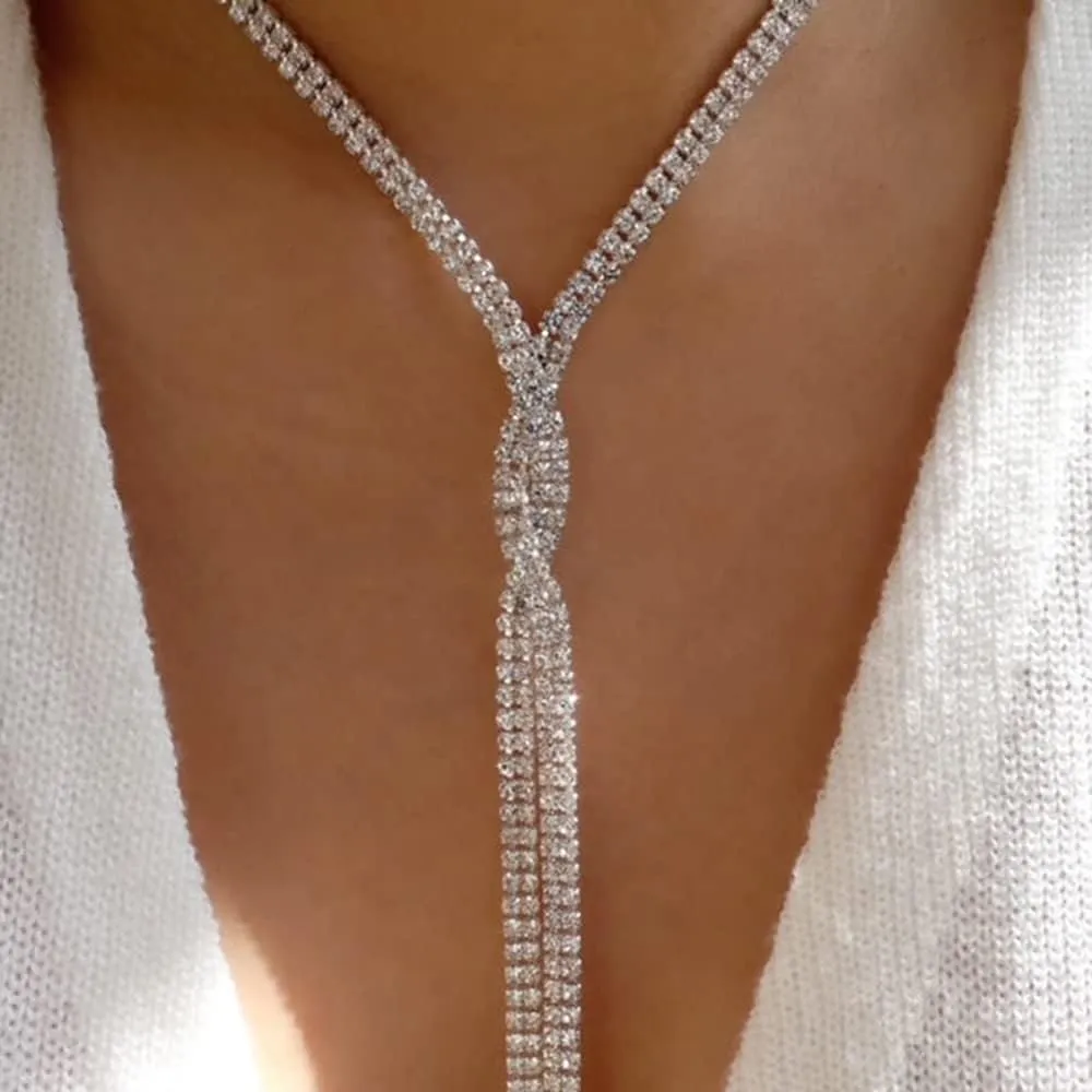 Xerling Wedding Necklaces Rhinestones Long Pendant Y-necklaces for Women Bridal Statement Crystal Choker Necklaces Boho Layered Chain Necklaces