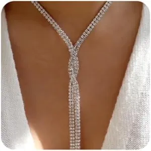 Xerling Wedding Necklaces Rhinestones Long Pendant Y-necklaces for Women Bridal Statement Crystal Choker Necklaces Boho Layered Chain Necklaces