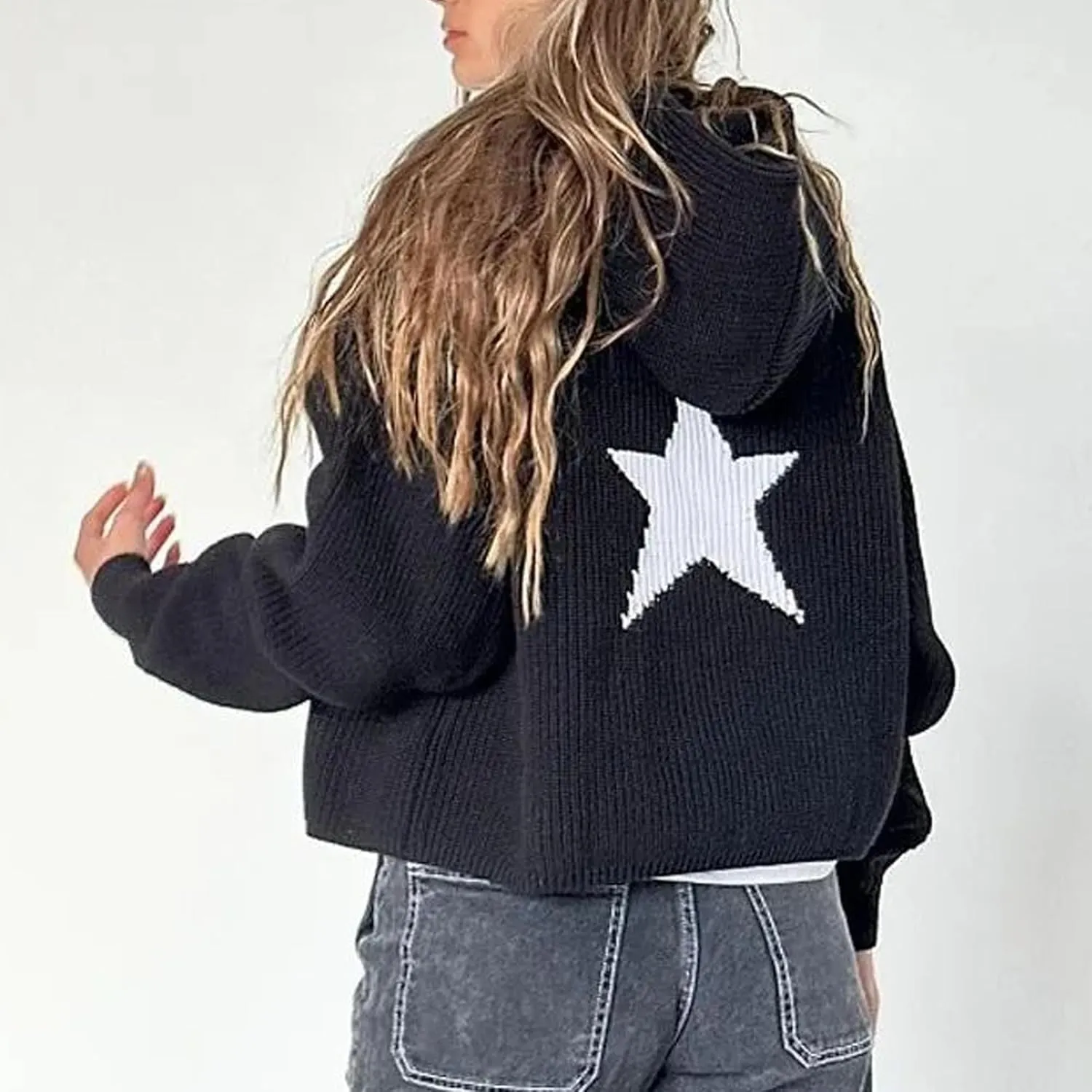 XPONNI Grunge Graphic Star Hoodies Sweatshirts Pullover Knit Sweater Hooded Women Oversized Streetwear Y2k Hoodies