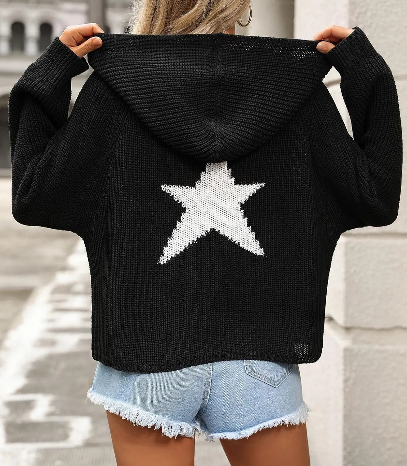 XPONNI Grunge Graphic Star Hoodies Sweatshirts Pullover Knit Sweater Hooded Women Oversized Streetwear Y2k Hoodies