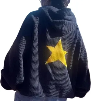 XPONNI Grunge Graphic Star Hoodies Sweatshirts Pullover Knit Sweater Hooded Women Oversized Streetwear Y2k Hoodies