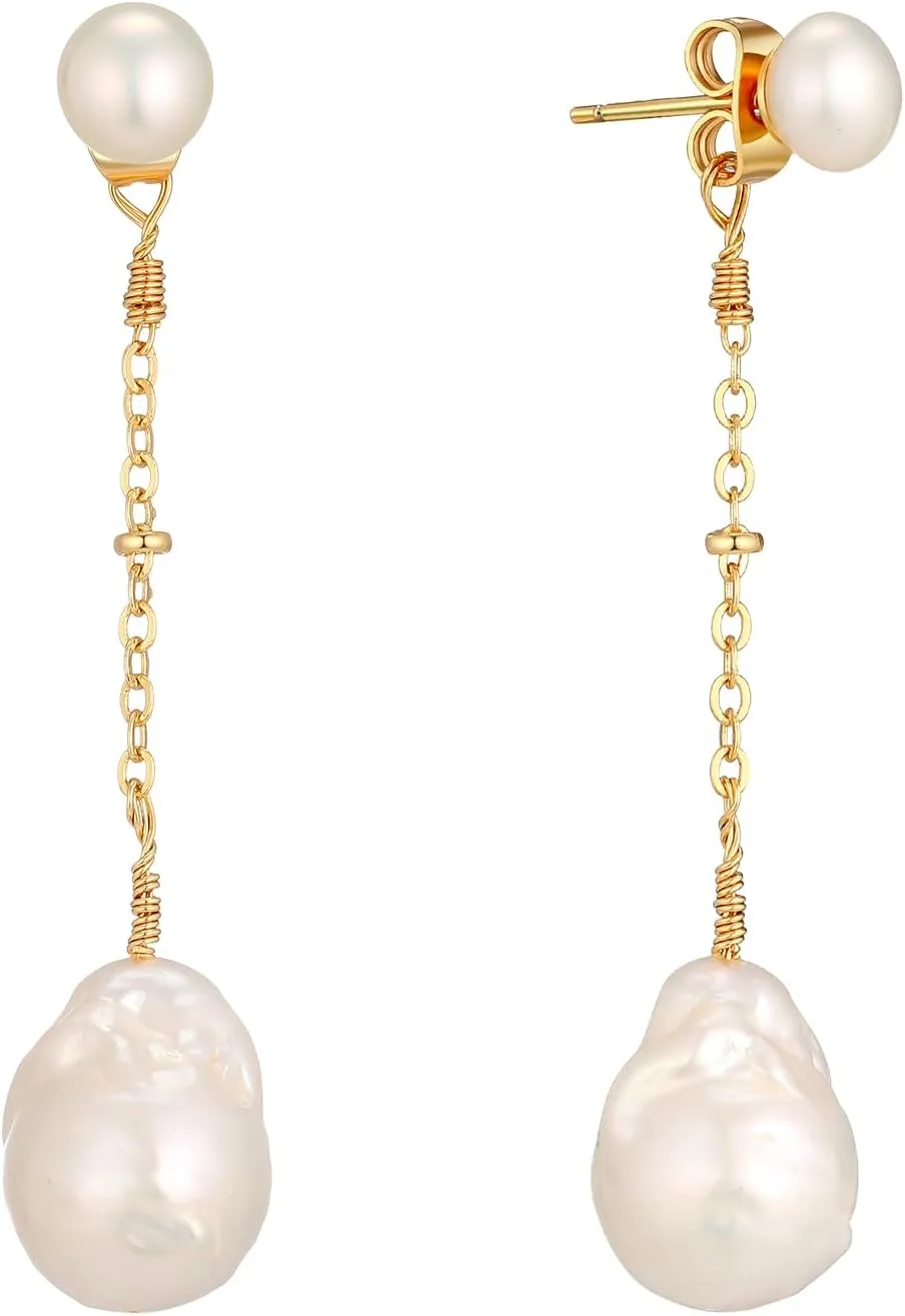 XYJZXY Long Pearl Earrings Baroque Pearl Drop Dangle Earrings for Women Gold Chain Earrings