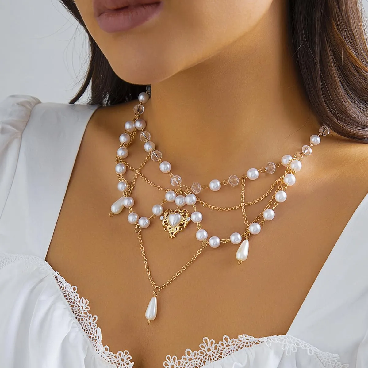 Y2K Layered Pearl Choker Necklaces for Women Crystal Beaded Strawberry Pendant Necklace Vintage Bow Heart Cross Choker Butterfly Tassel Chain Graceful Jewelry Gifts