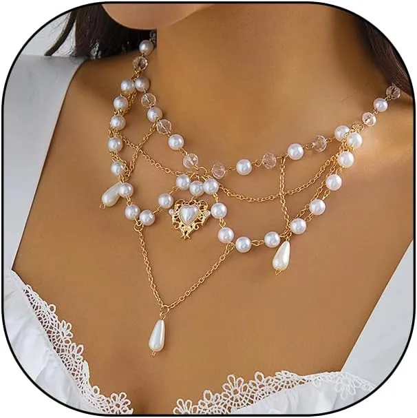 Y2K Layered Pearl Choker Necklaces for Women Crystal Beaded Strawberry Pendant Necklace Vintage Bow Heart Cross Choker Butterfly Tassel Chain Graceful Jewelry Gifts