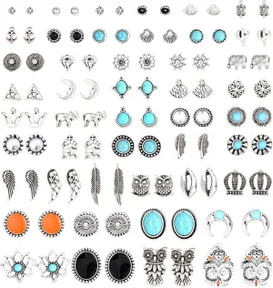 YADOCA 46 Pairs Vintage Multiple Assorted Boho Stud Earrings for Women Simple Geometric Stud Earrings Set Round Turquoise Earrings for Men Stainless Steel CZ Elephant Moon Feather