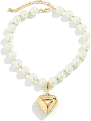 YBMYCM Heart Pendant Choker Necklaces Chunky Golden Bead Choker Necklaces for Women Gifts Jewelry
