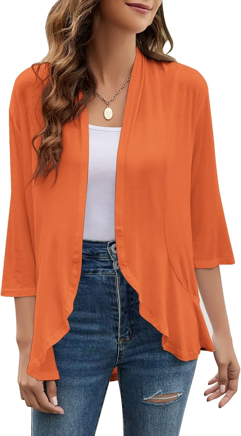 Yekaty Women Cardigan 3/4 Sleeves Open Front Lightweight Cardigan Draped Ruffles Knit Cardigan
