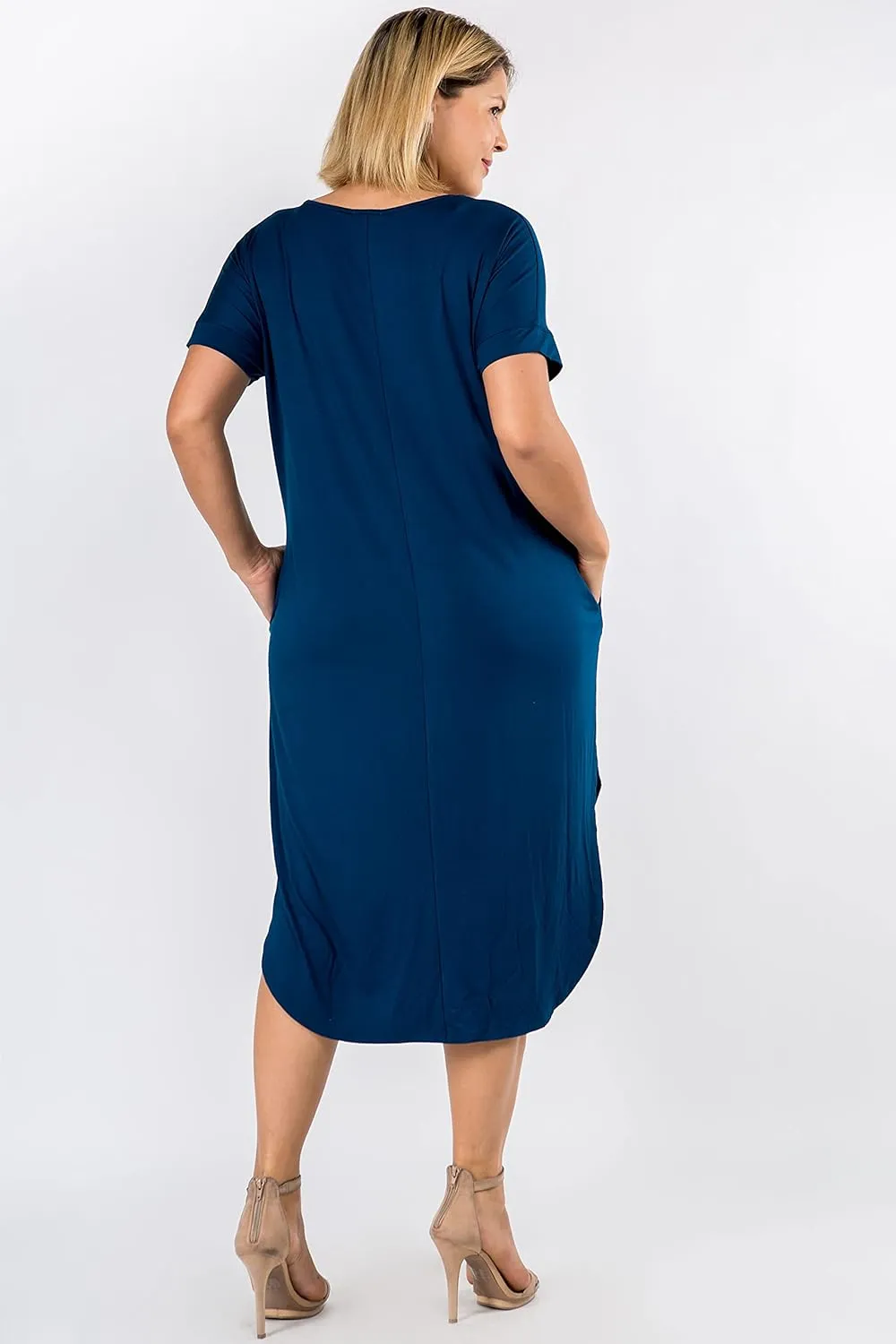 YELETE Women's Striped Curved Flowy Hem Midi Dress with Pockets Plus
