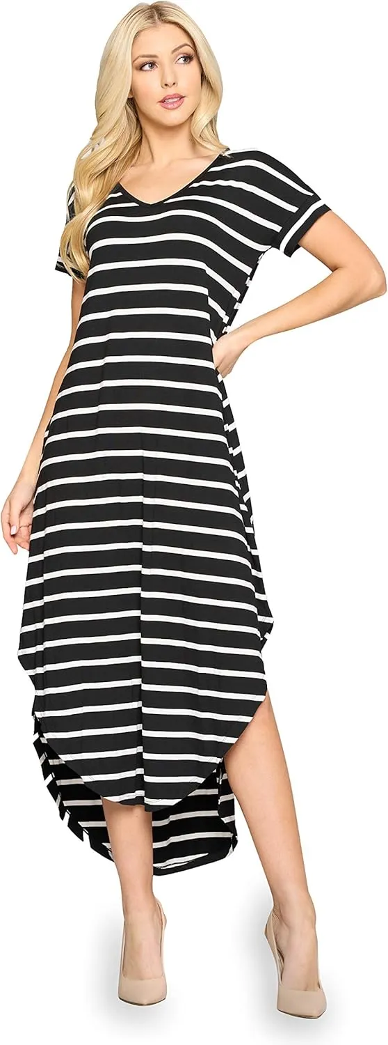 YELETE Women's Striped Curved Flowy Hem Midi Dress with Pockets Plus