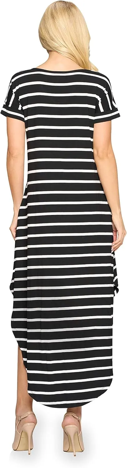 YELETE Women's Striped Curved Flowy Hem Midi Dress with Pockets Plus