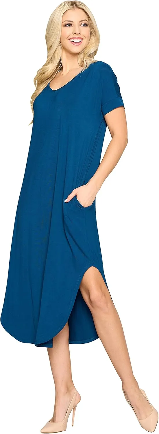 YELETE Women's Striped Curved Flowy Hem Midi Dress with Pockets Plus