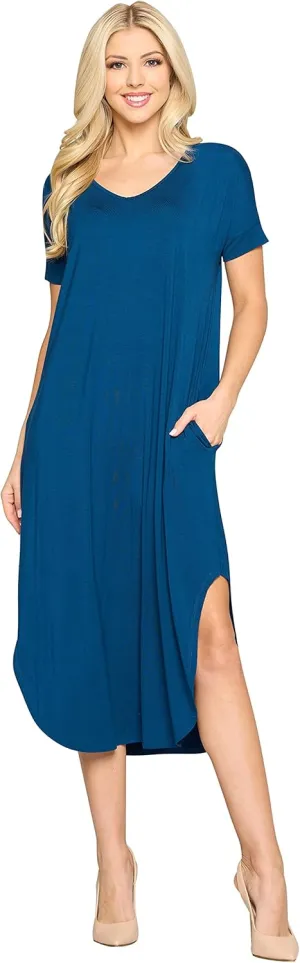 YELETE Women's Striped Curved Flowy Hem Midi Dress with Pockets Plus