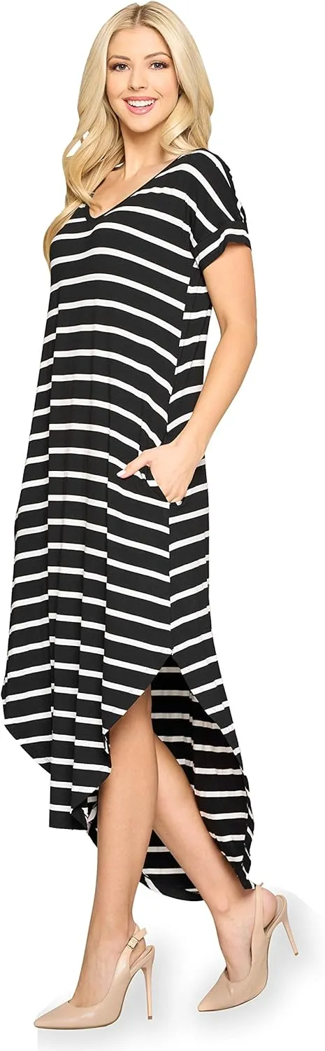 YELETE Women's Striped Curved Flowy Hem Midi Dress with Pockets Plus
