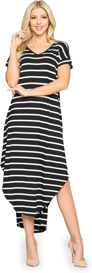 YELETE Women's Striped Curved Flowy Hem Midi Dress with Pockets Plus