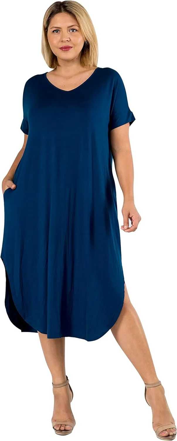 YELETE Women's Striped Curved Flowy Hem Midi Dress with Pockets Plus