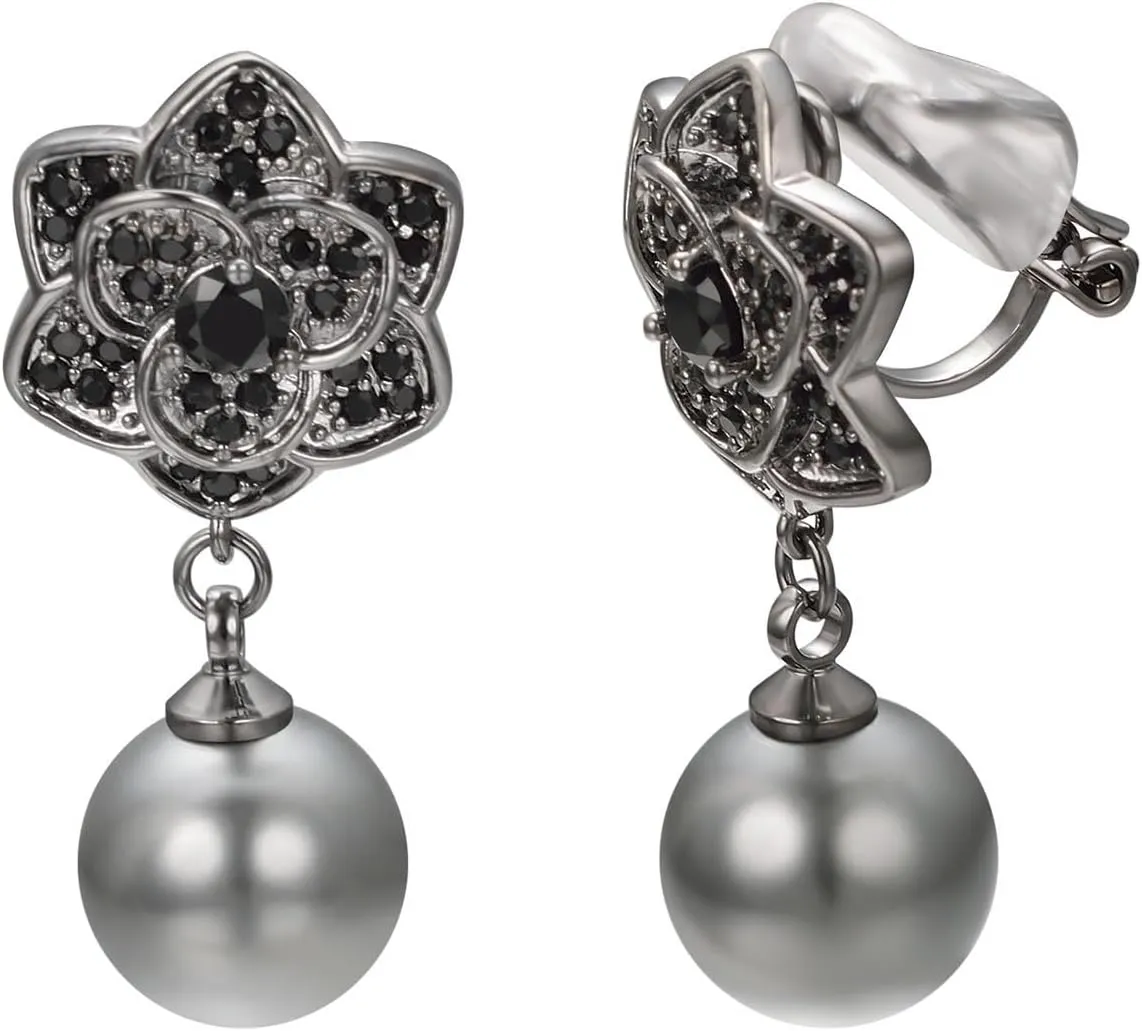Yoursfs Pearl Clip on Earrings Cubic Zirconia Faux Pearl Dangle Earrings for Women 18K Gold Plated Non Pierced Earrings