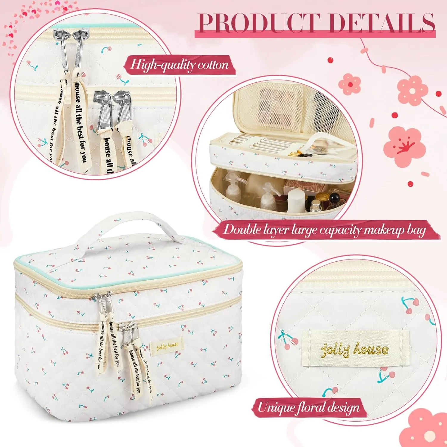 Zeyune 2 Pcs Cotton Quilted Makeup Bag for Women, Large Travel Coquette Cosmetic Bag, Aesthetic Cute Floral Toiletry Skincare Organizer(Double Layer Cherry Style)