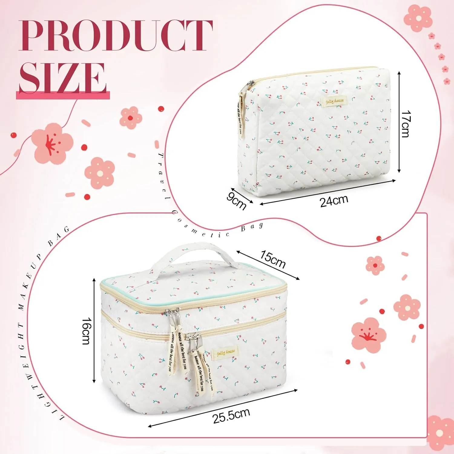 Zeyune 2 Pcs Cotton Quilted Makeup Bag for Women, Large Travel Coquette Cosmetic Bag, Aesthetic Cute Floral Toiletry Skincare Organizer(Double Layer Cherry Style)