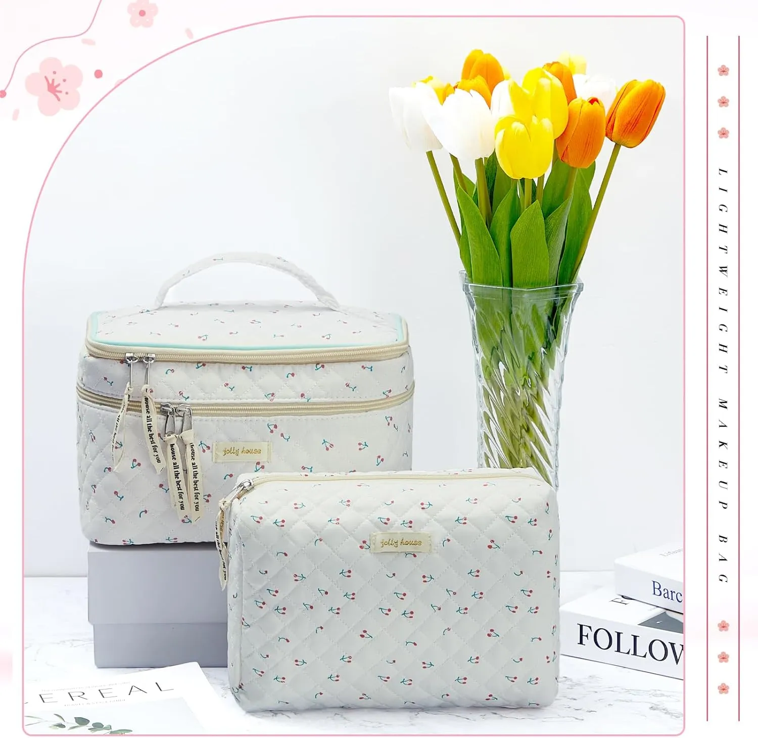 Zeyune 2 Pcs Cotton Quilted Makeup Bag for Women, Large Travel Coquette Cosmetic Bag, Aesthetic Cute Floral Toiletry Skincare Organizer(Double Layer Cherry Style)