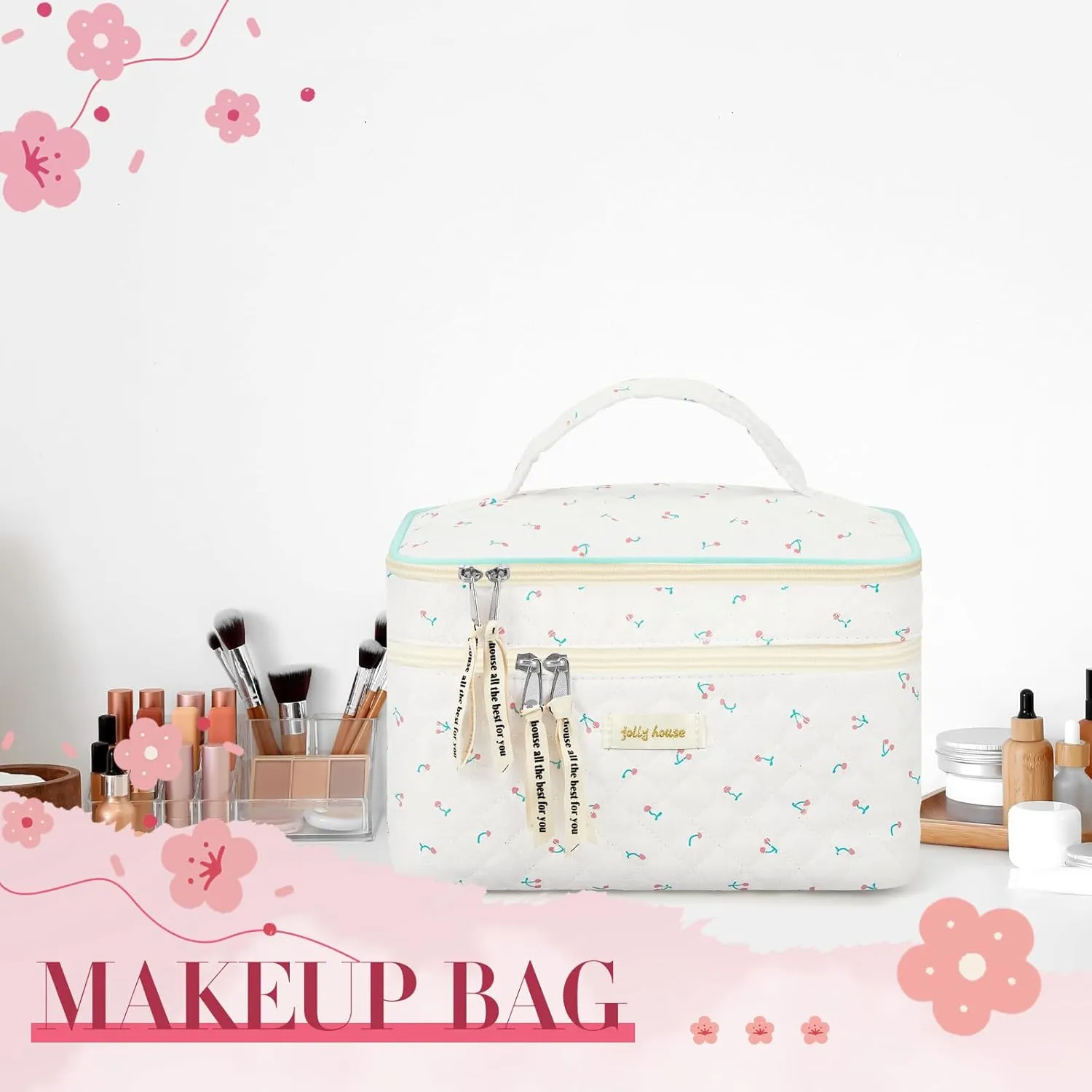 Zeyune 2 Pcs Cotton Quilted Makeup Bag for Women, Large Travel Coquette Cosmetic Bag, Aesthetic Cute Floral Toiletry Skincare Organizer(Double Layer Cherry Style)