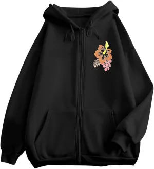 Zip Up Hoodie Women Zip Up Fleece Hoodies for Women Hawaii Style Print Drawstring Long Sleeve Oversized Sweatshirt Classic Relaxed Coat Prime Big Deal Days Black Small