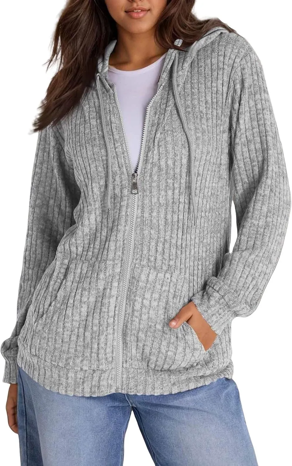 Zip Up Hoodies For Women Drawstring Lightweight Open Cardigan Jacket Fall Comfy Fuzzy Oversized Sweatshirt w/Pockets