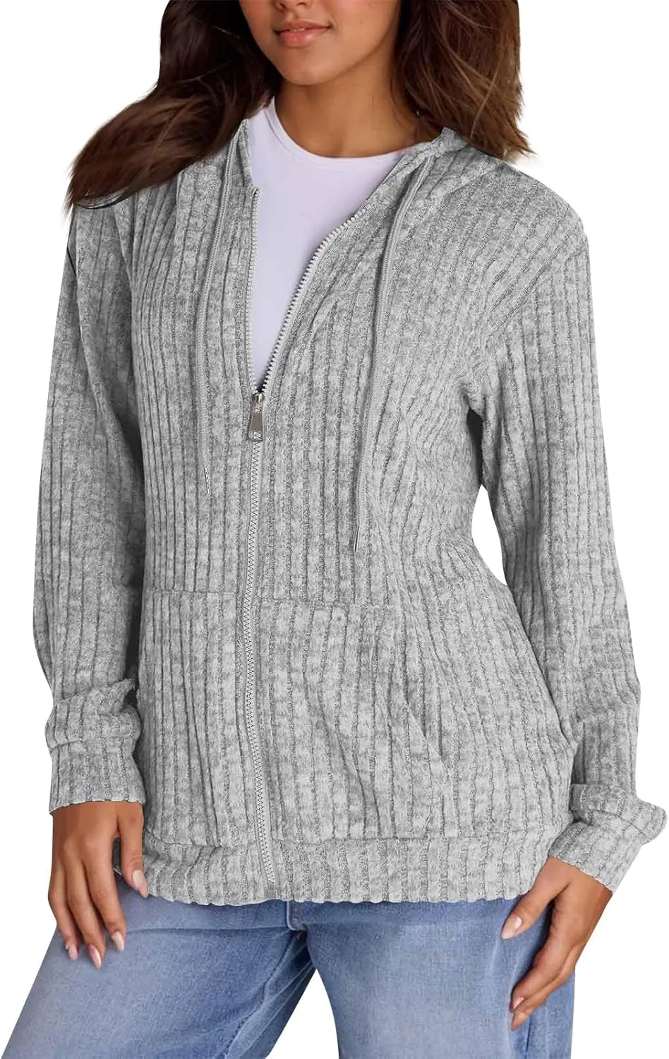 Zip Up Hoodies For Women Drawstring Lightweight Open Cardigan Jacket Fall Comfy Fuzzy Oversized Sweatshirt w/Pockets
