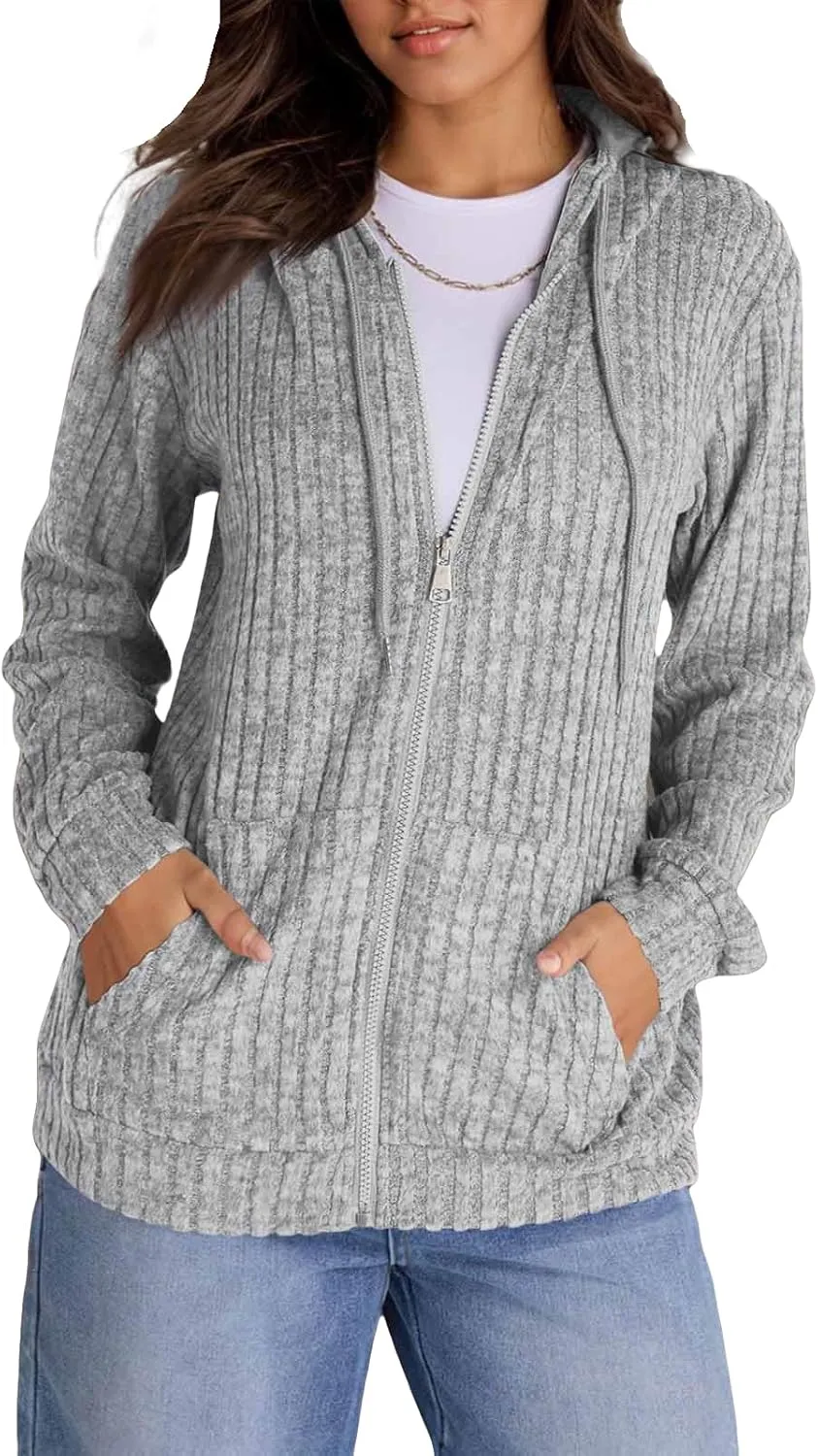 Zip Up Hoodies For Women Drawstring Lightweight Open Cardigan Jacket Fall Comfy Fuzzy Oversized Sweatshirt w/Pockets
