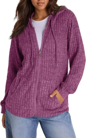 Zip Up Hoodies For Women Drawstring Lightweight Open Cardigan Jacket Fall Comfy Fuzzy Oversized Sweatshirt w/Pockets