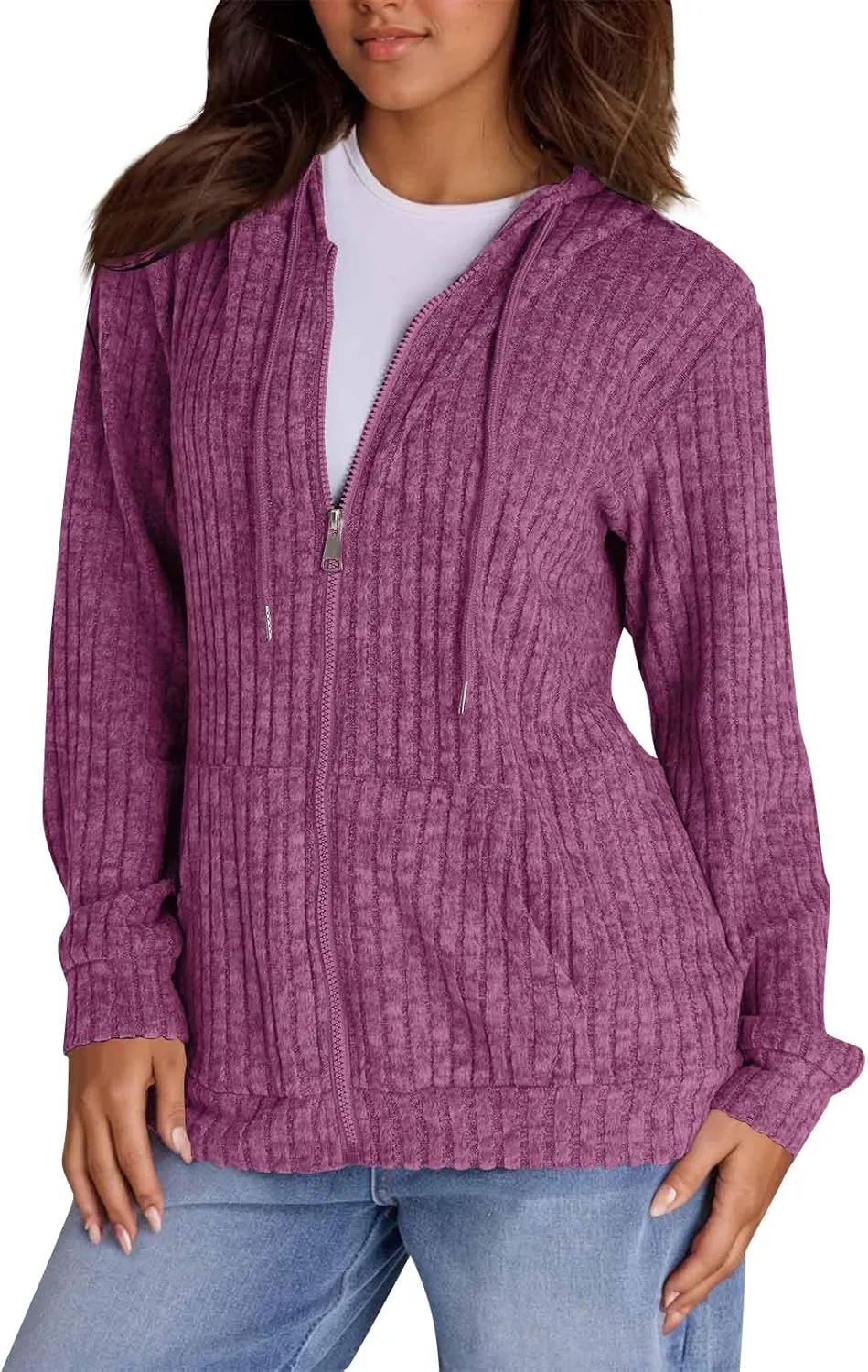 Zip Up Hoodies For Women Drawstring Lightweight Open Cardigan Jacket Fall Comfy Fuzzy Oversized Sweatshirt w/Pockets