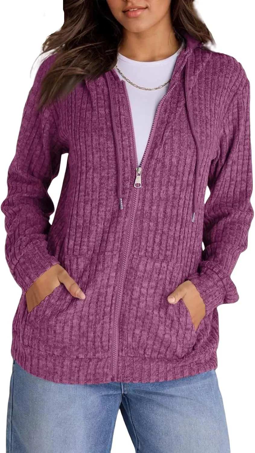 Zip Up Hoodies For Women Drawstring Lightweight Open Cardigan Jacket Fall Comfy Fuzzy Oversized Sweatshirt w/Pockets