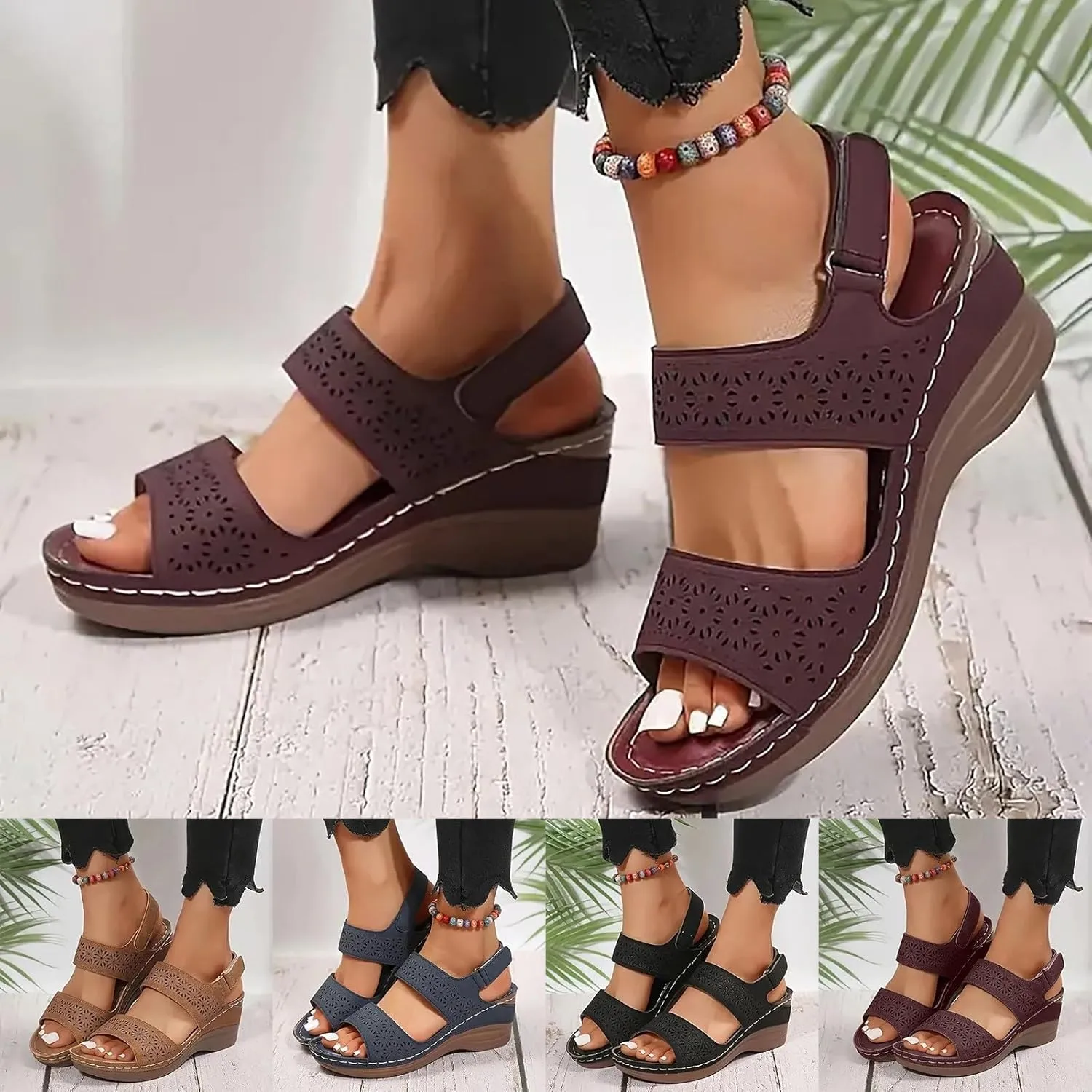 ZSpzx Orthopedic Sandals for Women,2025 Arch Support Wedge Flip Flops Slide Comfortable Open Toe Ankle Strap Summer Walking Hollow Out Outdoor Casual Slip on Beach Plantar Fasciitis Shoes