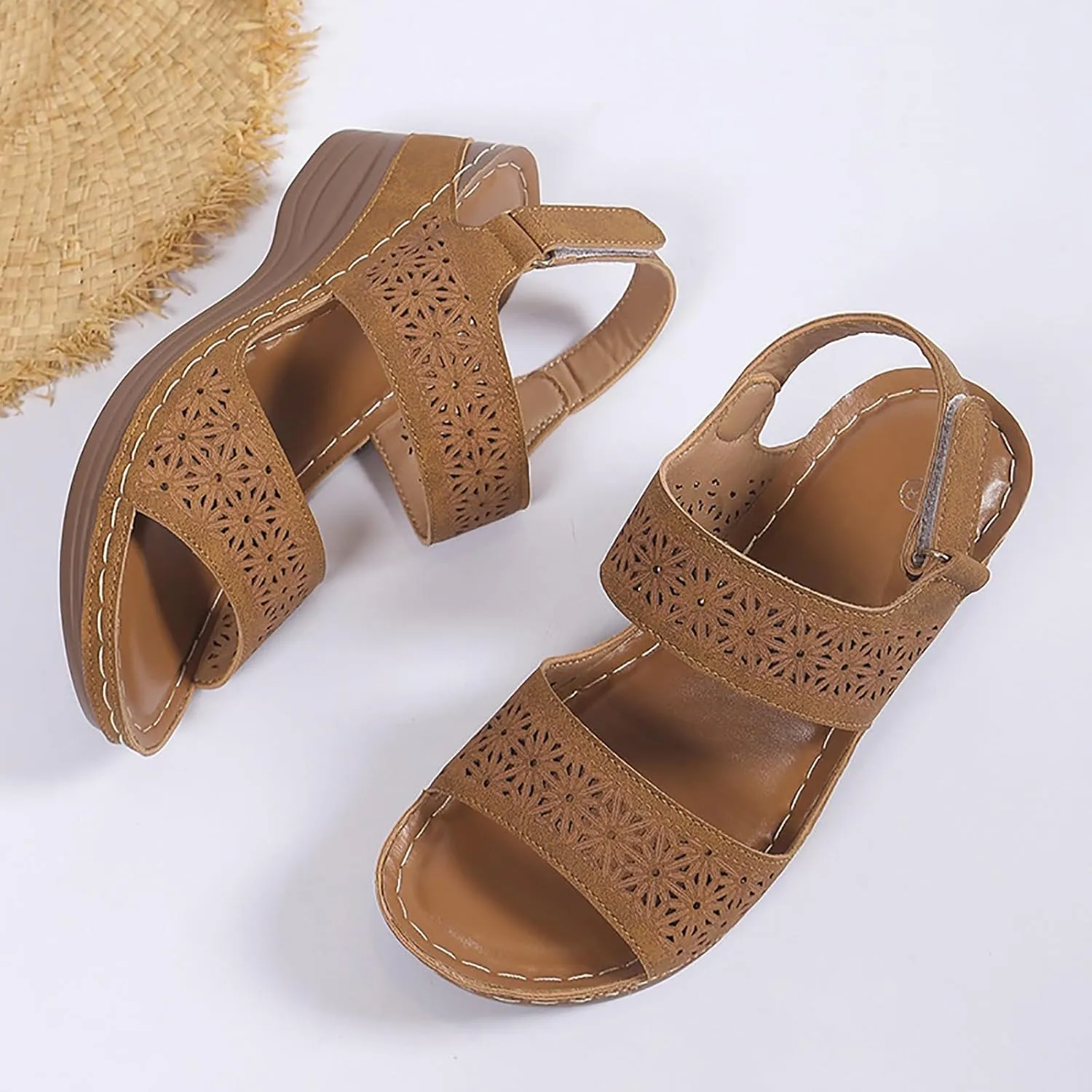 ZSpzx Orthopedic Sandals for Women,2025 Arch Support Wedge Flip Flops Slide Comfortable Open Toe Ankle Strap Summer Walking Hollow Out Outdoor Casual Slip on Beach Plantar Fasciitis Shoes