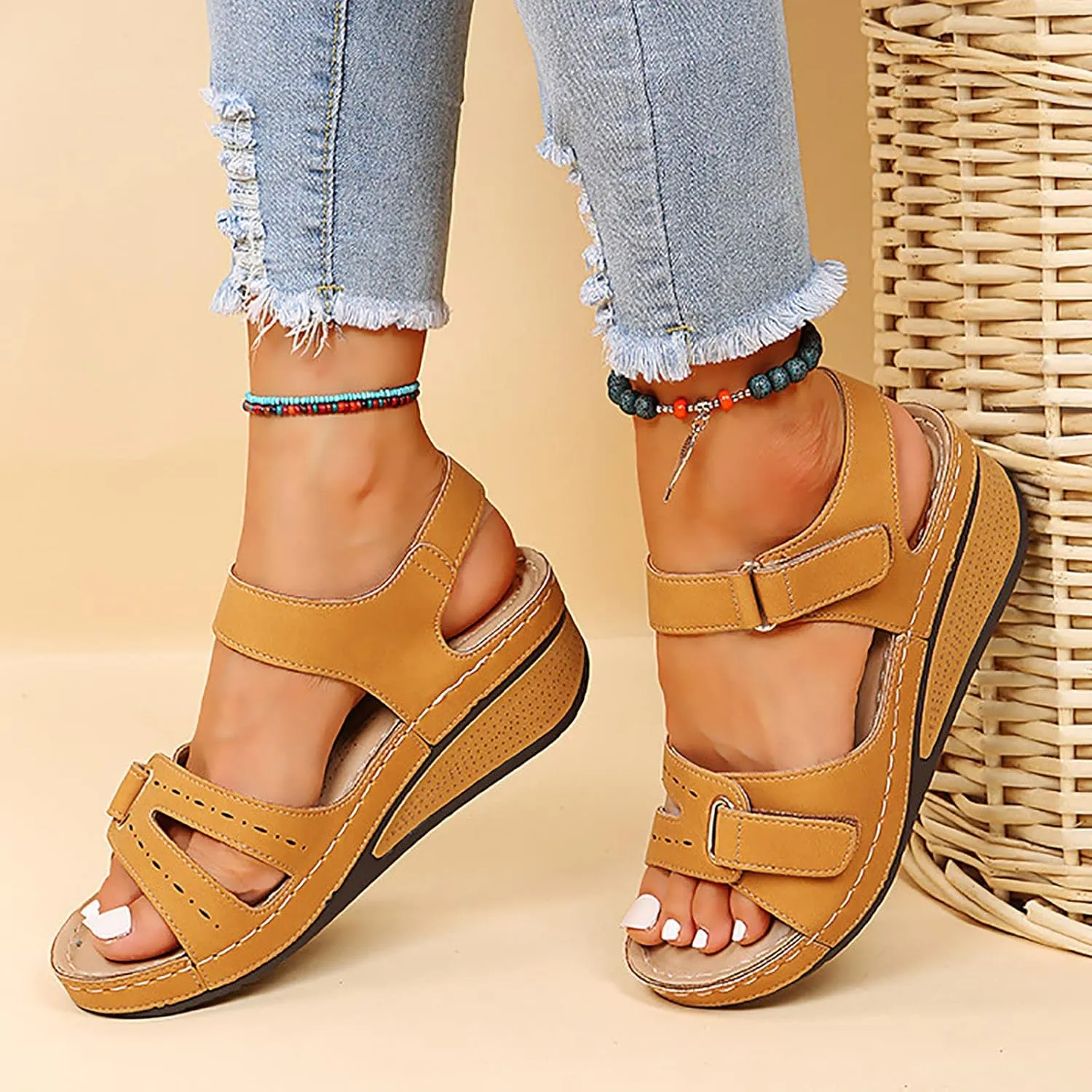 ZSpzx Orthopedic Sandals For Women,Women's Orthotic 2025 Dressy Summer Open Toe Ankle Strap Sandals Casual Strappy Womens Wedges Sandals Beach Sandals Dress Shoes Comfortable Outdoor Walking Shoes