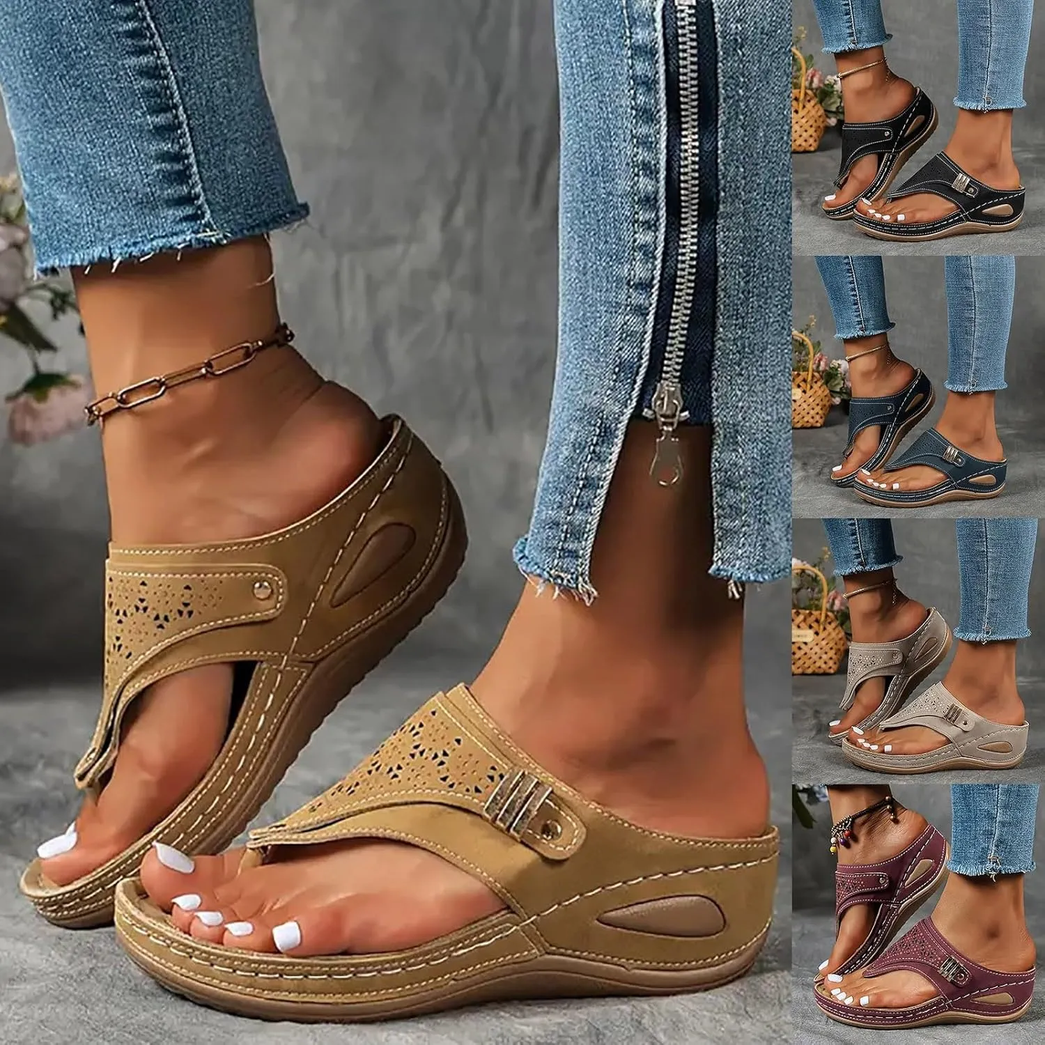ZSpzx Orthopedic Sandals for Women,Women's Orthotic Dressy Summer 2025 Arch Support Flip Flops Womens Flat Open Toe Casual Slip on Sandals Beach Boho Sandals Comfortable Outdoor Walking Shoes
